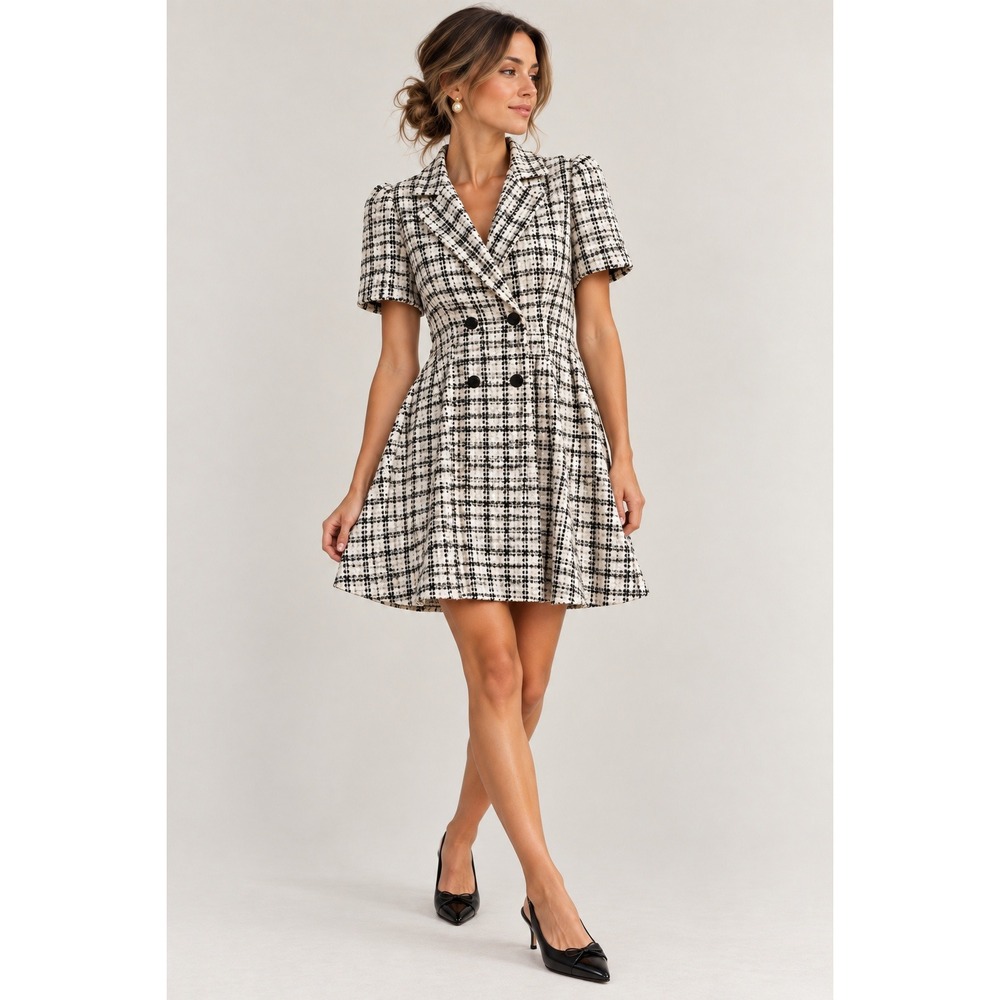 Flora Bea NYC Black White Tweed Plaid Short Sleeve Double Breasted Dress Medium